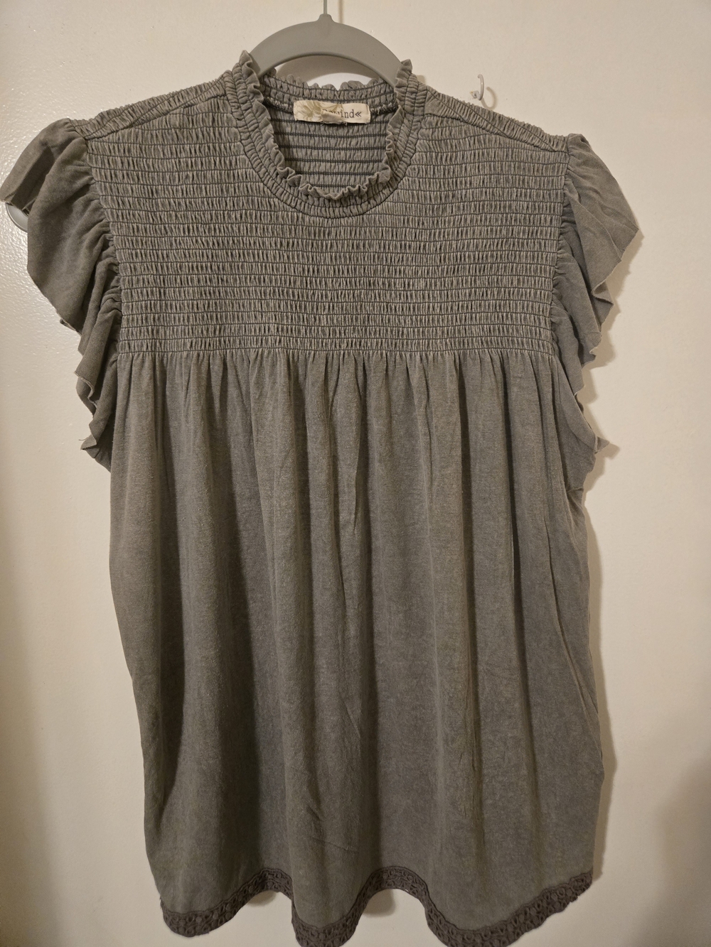 Rewind Gray Smocked Ruffle Sleeve Top